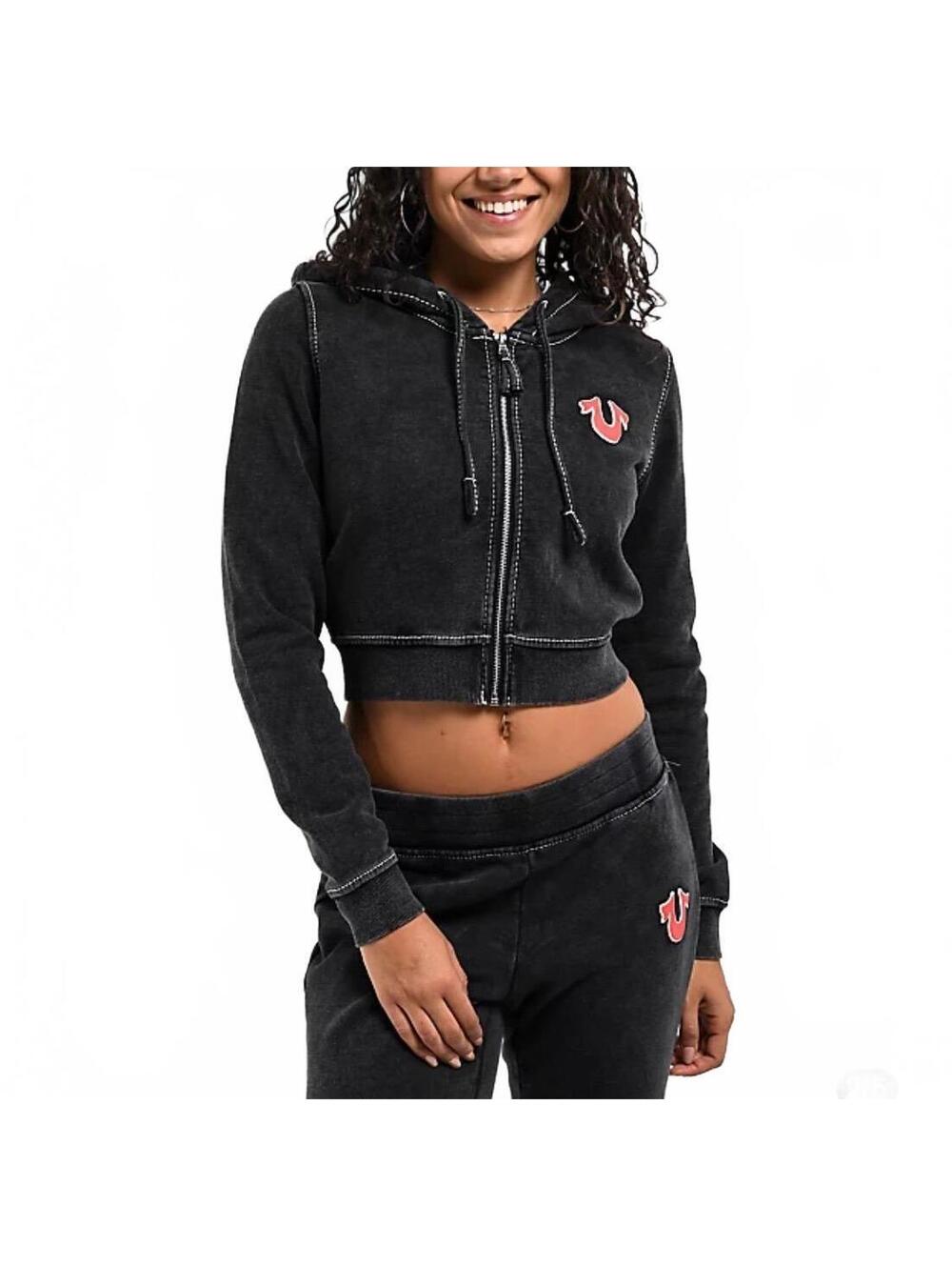 NWOT True Religion Big T Logo Black Wash Crop Zip Hoodie size M